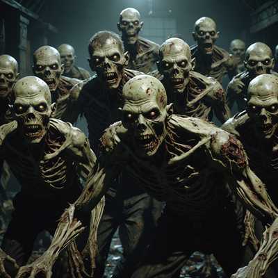 Das Bild zeigt furchterregende Zombies und Horrormonster in 3D. Die Szene ist dunkel und unheimlich, mit Kreaturen, die gruselige und erschreckende Erscheinungen haben. Die Zombies haben verfallene, verrottende Haut, fehlende Gliedmaßen und tief eingesunkene, hohle Augen, während die Horrormonster groteske Deformitäten und bedrohliche Ausdrücke aufweisen. Der Hintergrund verstärkt die unheilvolle Atmosphäre, möglicherweise mit schwacher Beleuchtung, Nebel oder einer verlassenen, verhexten Umgebung. Das Gesamtbild erzeugt Gefühle von Angst und Schrecken und eignet sich perfekt für ein gruseliges Spielsetting.