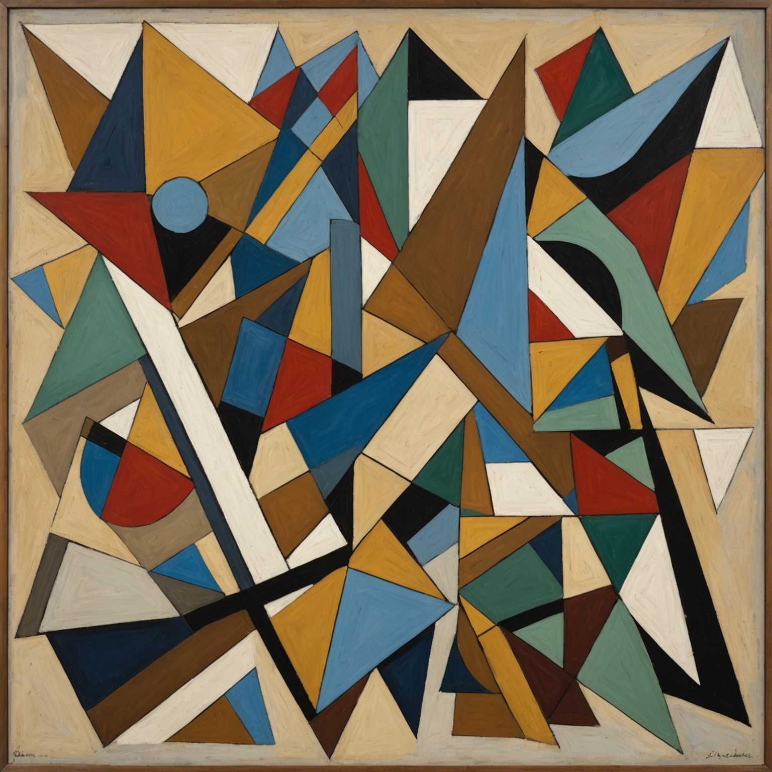 Ein kubistisches Gemälde, das eine abstrakte Anordnung von geometrischen Formen und fragmentierten Strukturen zeigt. Die Komposition ist komplex, mit überlappenden und sich kreuzenden Ebenen in verschiedenen Farbtönen. Die Farbpalette umfasst gedämpfte Erdtöne wie Braun, Grau und Ocker, die mit lebhafteren Farben wie Blau, Grün und Rot kontrastieren. Die Formen reichen von eckigen Dreiecken und Rechtecken bis hin zu organischeren, geschwungenen Formen und erzeugen ein Gefühl von Tiefe und Bewegung. Es gibt Andeutungen von gegenständlichen Motiven wie Gesichtern, Musikinstrumenten und architektonischen Elementen, die jedoch stark dekonstruiert und stilisiert sind. Das Gesamtergebnis ist eine dynamische und facettenreiche visuelle Erfahrung, die den Betrachter einlädt, sich mit der komplexen Struktur des Gemäldes und dem Zusammenspiel seiner Farben und Formen auseinanderzusetzen.