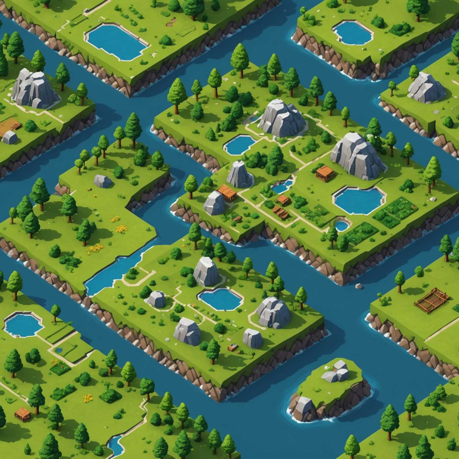 Dieses Bild zeigt verschiedene Geländeformen wie Grasfelder, felsige Bereiche und Gewässer in einer üppigen, isometrischen 3D-Spiel-Landschaft. Die Vielfalt der Terrainformen trägt zur lebendigen und ansprechenden Atmosphäre bei.