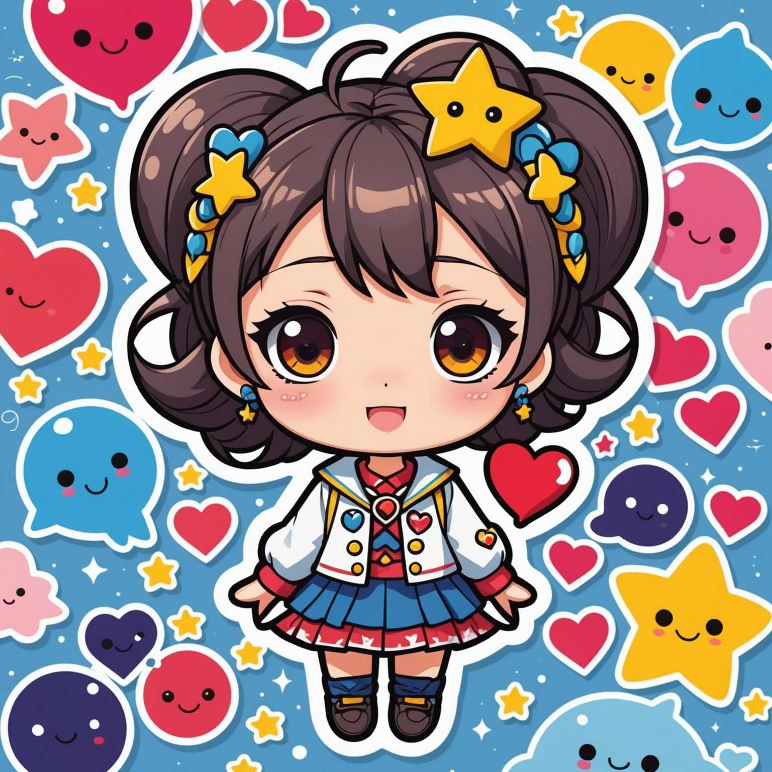 Das Bild zeigt einen farbenfrohen, 2D Anime-Stil Sticker mit einem niedlichen Chibi-Charakter, der große, ausdrucksstarke Augen, einen kleinen Körper, eine markante Frisur und ein entzückendes Outfit mit Accessoires hat. Der Charakter befindet sich in einer spielerischen, dynamischen Pose mit einem fröhlichen Gesichtsausdruck. Um den Charakter herum befinden sich niedliche Elemente wie Herzen, Sterne und Sprechblasen mit japanischem Text. Der allgemeine Stil ist skurril und lebendig und fängt die Essenz von Anime und Cartoon-Ästhetik ein.