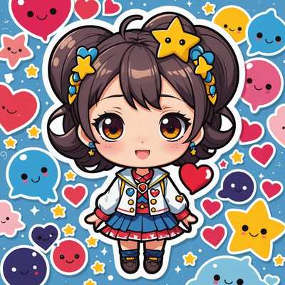 Das Bild zeigt einen farbenfrohen, 2D Anime-Stil Sticker mit einem niedlichen Chibi-Charakter, der große, ausdrucksstarke Augen, einen kleinen Körper, eine markante Frisur und ein entzückendes Outfit mit Accessoires hat. Der Charakter befindet sich in einer spielerischen, dynamischen Pose mit einem fröhlichen Gesichtsausdruck. Um den Charakter herum befinden sich niedliche Elemente wie Herzen, Sterne und Sprechblasen mit japanischem Text. Der allgemeine Stil ist skurril und lebendig und fängt die Essenz von Anime und Cartoon-Ästhetik ein.