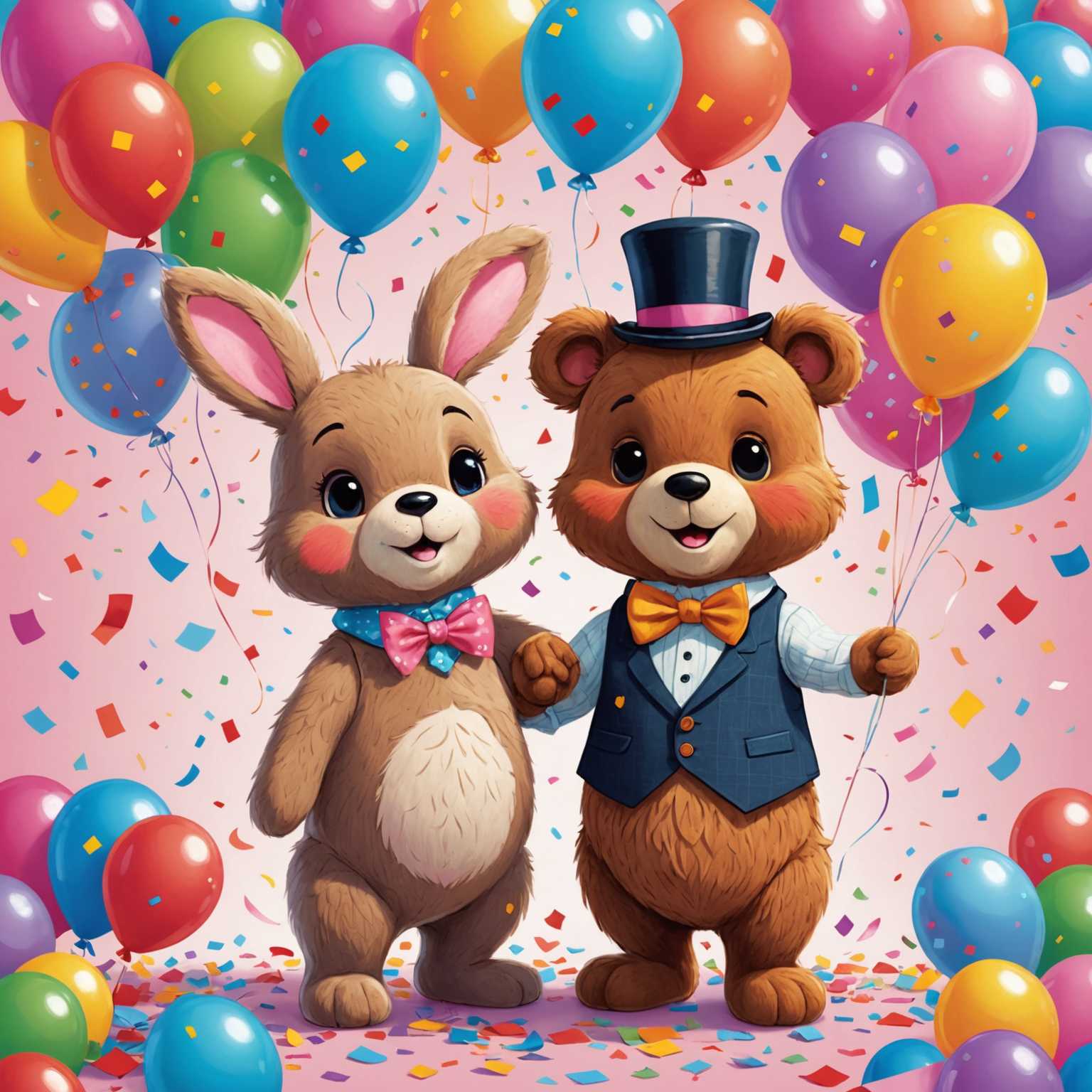 Auf dem Bild stehen zwei niedliche Zeichentricktiere, ein Hase und ein Bär, eng beieinander und halten sich an den Händen. Sie sind von herzförmigen Ballons und buntem Konfetti umgeben. Beide Tiere haben große, niedliche Augen und lächeln sich warm an. Sie tragen festliche Kleidung; der Hase hat eine kleine Fliege und der Bär trägt einen kleinen Hut. Der Hintergrund ist sanft beleuchtet mit Pastellfarben, was die süße und liebevolle Atmosphäre verstärkt.