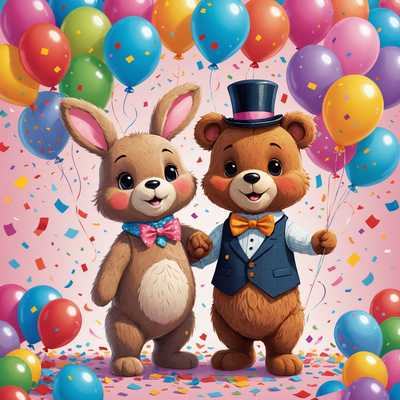 Auf dem Bild stehen zwei niedliche Zeichentricktiere, ein Hase und ein Bär, eng beieinander und halten sich an den Händen. Sie sind von herzförmigen Ballons und buntem Konfetti umgeben. Beide Tiere haben große, niedliche Augen und lächeln sich warm an. Sie tragen festliche Kleidung; der Hase hat eine kleine Fliege und der Bär trägt einen kleinen Hut. Der Hintergrund ist sanft beleuchtet mit Pastellfarben, was die süße und liebevolle Atmosphäre verstärkt.