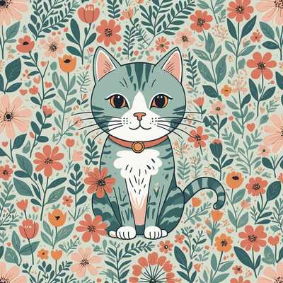 Das Bild zeigt ein skurriles und charmantes Tapetenmuster mit einer niedlich illustrierten Katze. Die Katze ist in einem cartoonartigen Stil und mit weichen, pastellfarbenen Farben gezeichnet. Verschiedene Elemente wie Blumen, Blätter und kleine Herzen sind um die Katze verstreut, was das Gesamtthema noch niedlicher und fröhlicher macht. Der Hintergrund ist in einer hellen, beruhigenden Farbe gehalten, die die bunten Illustrationen hervorhebt. Das gesamte Muster wiederholt sich nahtlos und schafft ein entzückendes und visuell ansprechendes Design, das sich für Tapeten oder Muster eignet.