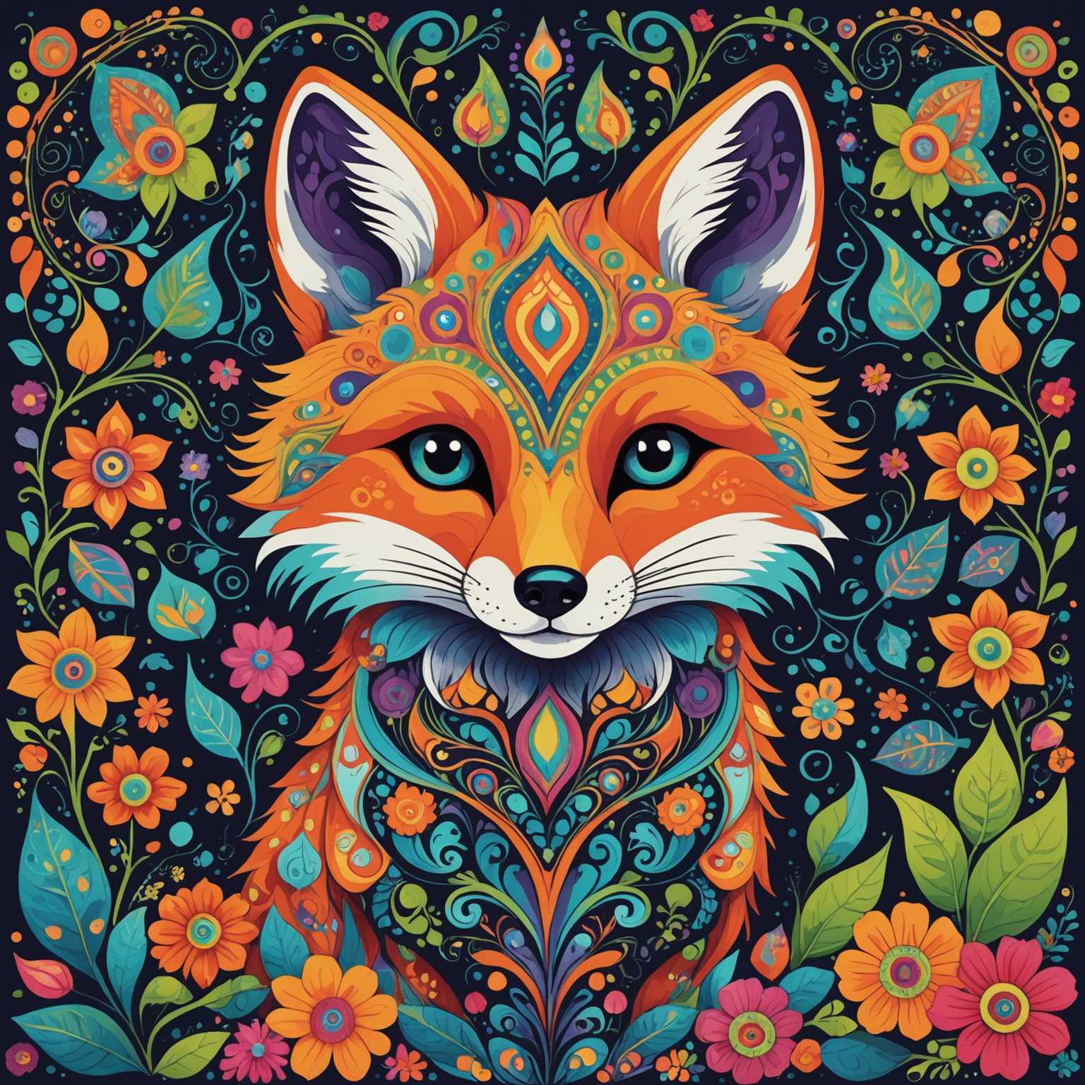 In dieser Illustration sieht man eine skurrile und farbenfrohe Bohemian-Szene mit einem Fantasiewesen, das einem kleinen, niedlichen Fuchs mit großen, ausdrucksstarken Augen ähnelt. Der Fuchs ist in lebendige, psychedelische Muster und Farben gekleidet, einschließlich wirbelnder Designs und Blumenmotive. Um den Fuchs herum befinden sich eine Vielzahl fantastischer Elemente wie Blumen, Blätter und abstrakte Formen, die alle in einem ähnlichen kunstvollen und kaleidoskopischen Stil dargestellt sind. Die Gesamtatmosphäre der Illustration ist bezaubernd, traumhaft und verspielt und weckt ein Gefühl von Wunder und Freude.