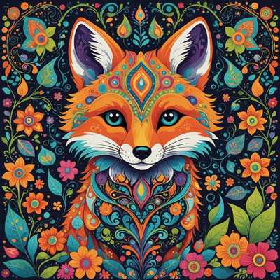 In dieser Illustration sieht man eine skurrile und farbenfrohe Bohemian-Szene mit einem Fantasiewesen, das einem kleinen, niedlichen Fuchs mit großen, ausdrucksstarken Augen ähnelt. Der Fuchs ist in lebendige, psychedelische Muster und Farben gekleidet, einschließlich wirbelnder Designs und Blumenmotive. Um den Fuchs herum befinden sich eine Vielzahl fantastischer Elemente wie Blumen, Blätter und abstrakte Formen, die alle in einem ähnlichen kunstvollen und kaleidoskopischen Stil dargestellt sind. Die Gesamtatmosphäre der Illustration ist bezaubernd, traumhaft und verspielt und weckt ein Gefühl von Wunder und Freude.