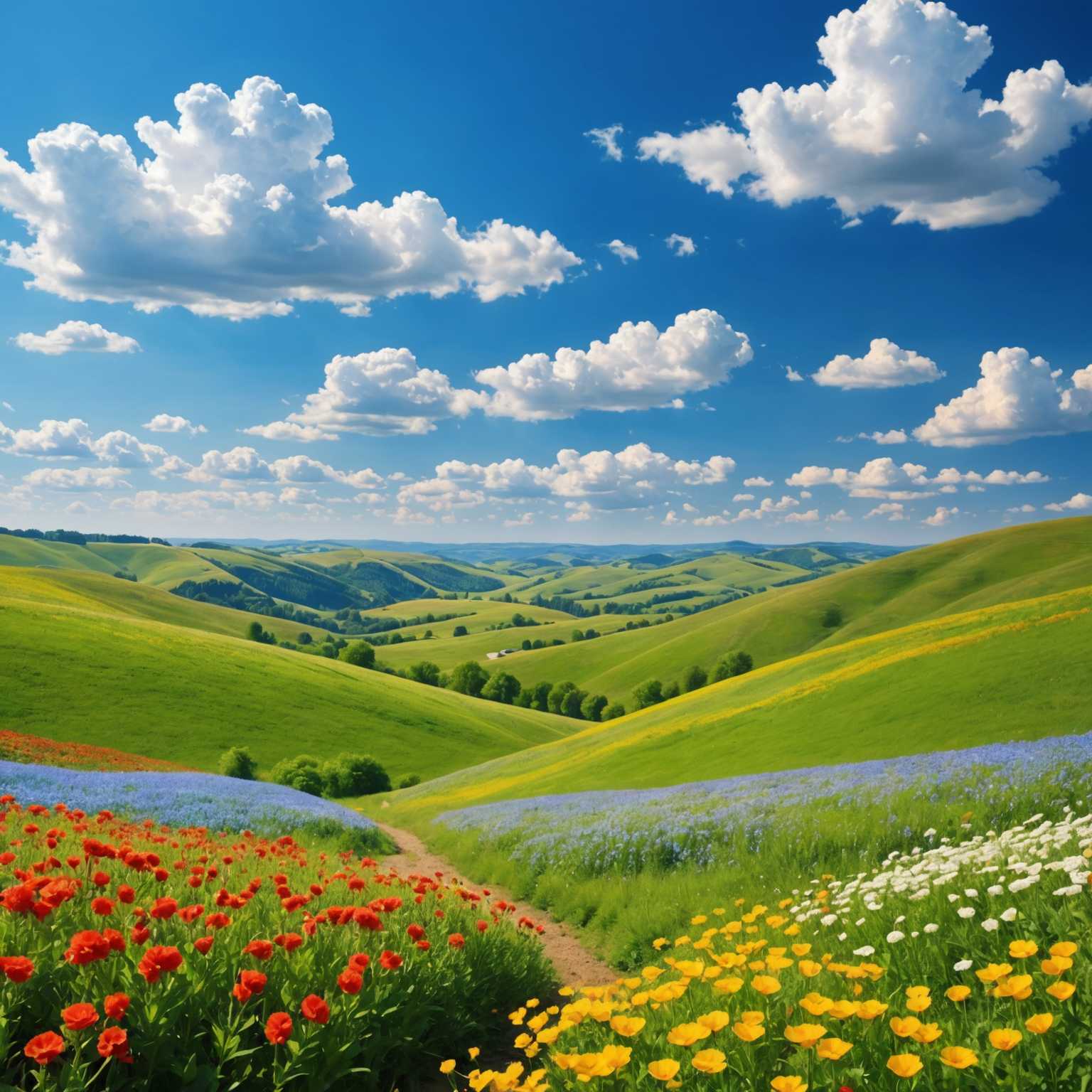 Ein Hintergrund mit sanften Hügeln, blühenden Blumen und einem strahlend blauen Himmel mit fluffigen Wolken. Die Farben sind lebendig und die Szene wirkt beruhigend und fröhlich.