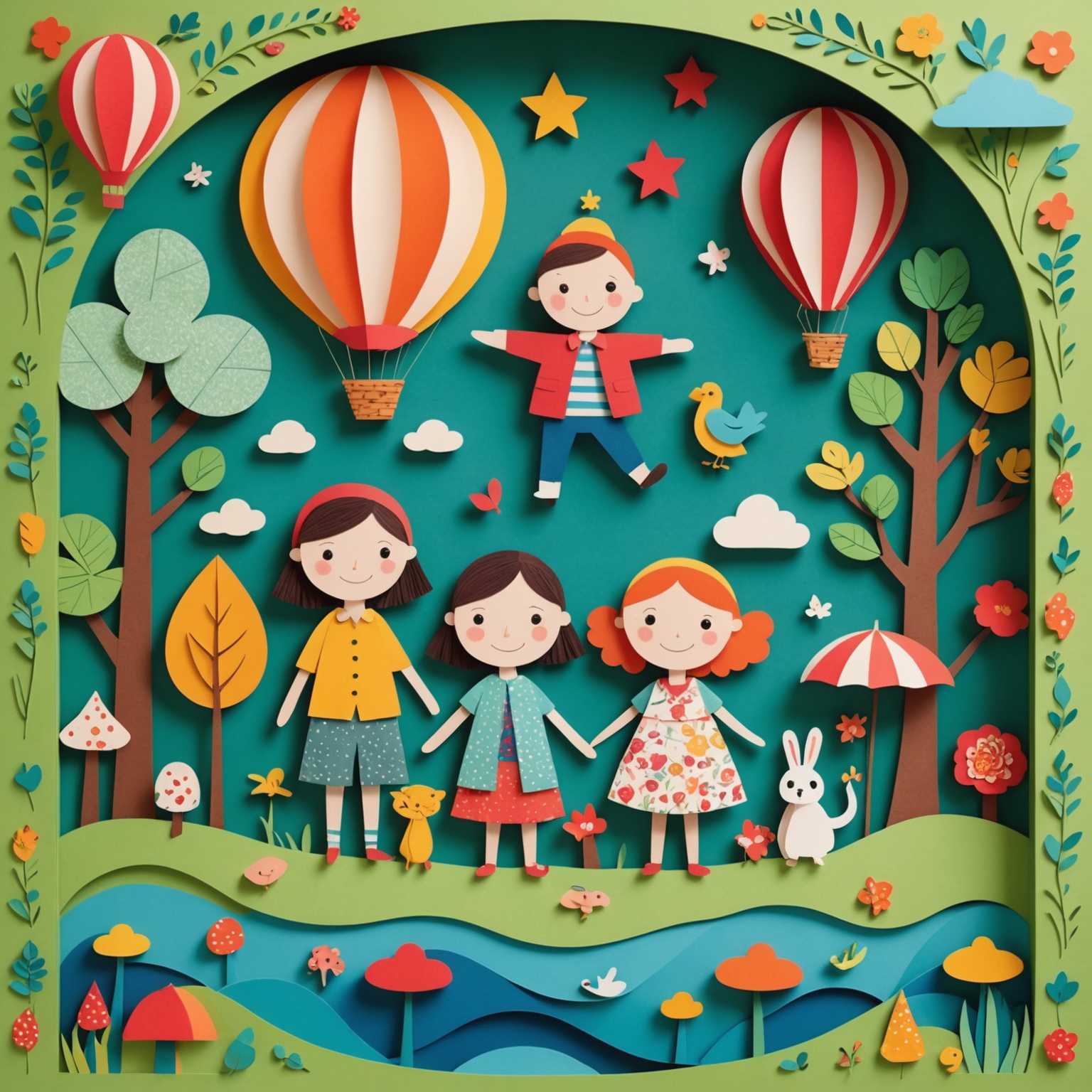 Das Bild zeigt ein bezauberndes 3D-Kunstwerk mit Kinderpapierkompositionen. Es zeigt entzückende Charaktere und fantasievolle Szenen, die mit lebendigen Farben, detaillierten Mustern und verspielten Elementen zum Leben erweckt werden. Der Stil ist skurril und liebenswert, wobei Lagen von Papierausschnitten verwendet werden, um Tiefe und Textur zu schaffen. Die Gesamtstimmung ist freudig und fantasievoll und erinnert an ein charmantes Kinderbuch.