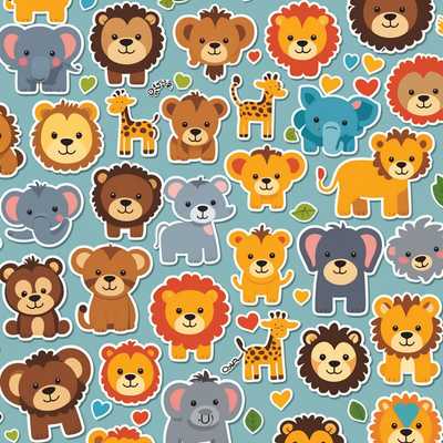 Das Bild zeigt eine Sammlung von niedlichen, farbenfrohen Tieraufklebern, die für Kleinkinder und Kinder entworfen wurden. Jeder Aufkleber zeigt ein illustriertes Tier mit liebenswerten und spielerischen Ausdrücken. Zu den dargestellten Tieren gehören ein lächelnder Elefant, ein verspielter Affe, ein fröhlicher Löwe, eine süße Giraffe und mehrere andere entzückende Kreaturen. Das Gesamtdesign ist hell, ansprechend und freundlich, wodurch es für kleine Kinder attraktiv ist. Die Aufkleber sind ordentlich und auffällig angeordnet, perfekt zum Beschriften von persönlichen Gegenständen oder zur spielerischen Dekoration.
