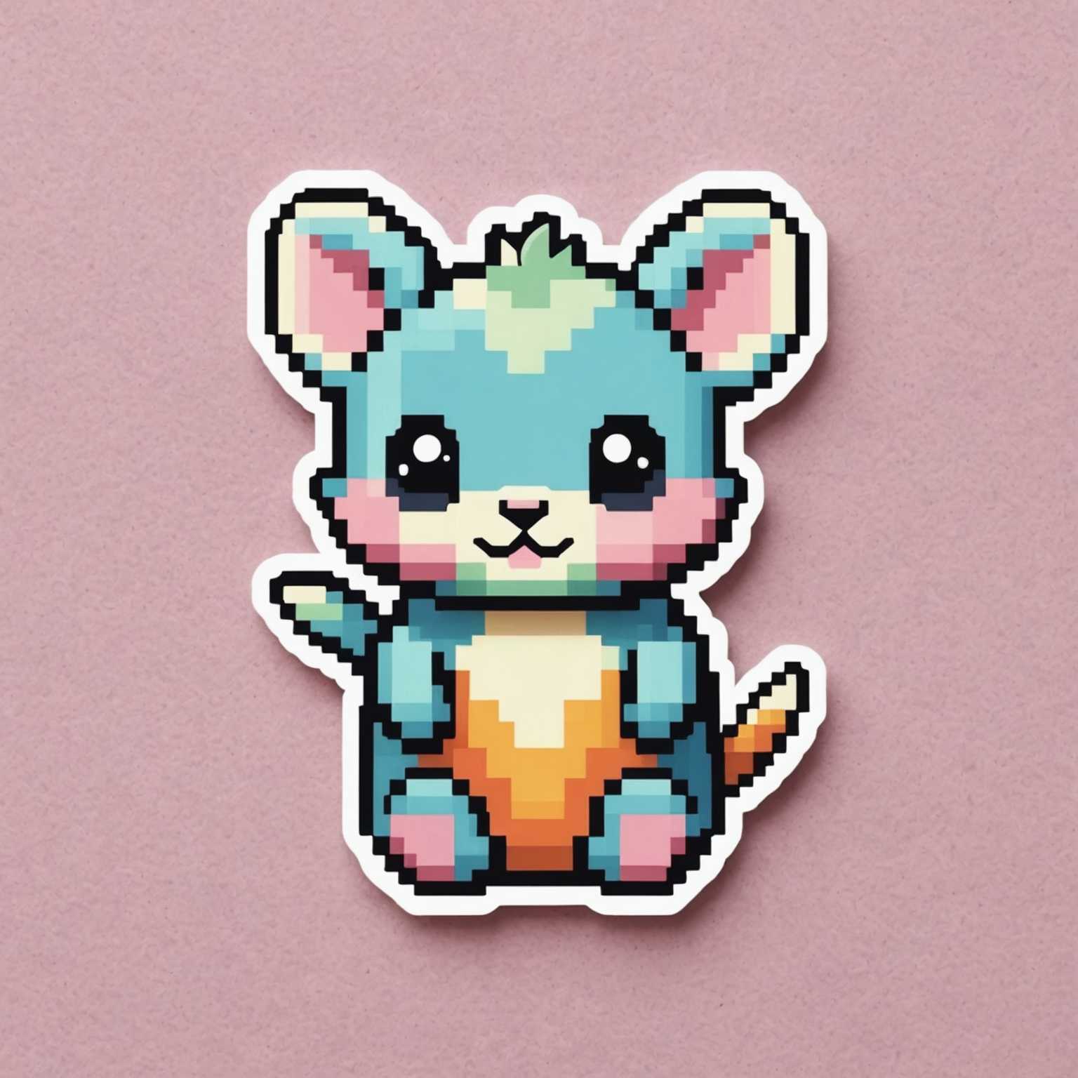 Das Bild zeigt eine niedliche Pixelkunst Pastellaufkleber-Serie für Kinder. Diese Aufkleber umfassen verschiedene entzückende und fantasievolle Elemente wie kleine Tiere, Fantasiewesen, Herzen, Sterne, Regenbögen und andere kinderfreundliche Motive. Die Farbpalette ist weich und überwiegend pastellfarben, was dem Gesamtbild eine sanfte und angenehme Erscheinung verleiht.