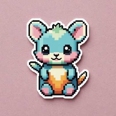 Das Bild zeigt eine niedliche Pixelkunst Pastellaufkleber-Serie für Kinder. Diese Aufkleber umfassen verschiedene entzückende und fantasievolle Elemente wie kleine Tiere, Fantasiewesen, Herzen, Sterne, Regenbögen und andere kinderfreundliche Motive. Die Farbpalette ist weich und überwiegend pastellfarben, was dem Gesamtbild eine sanfte und angenehme Erscheinung verleiht.