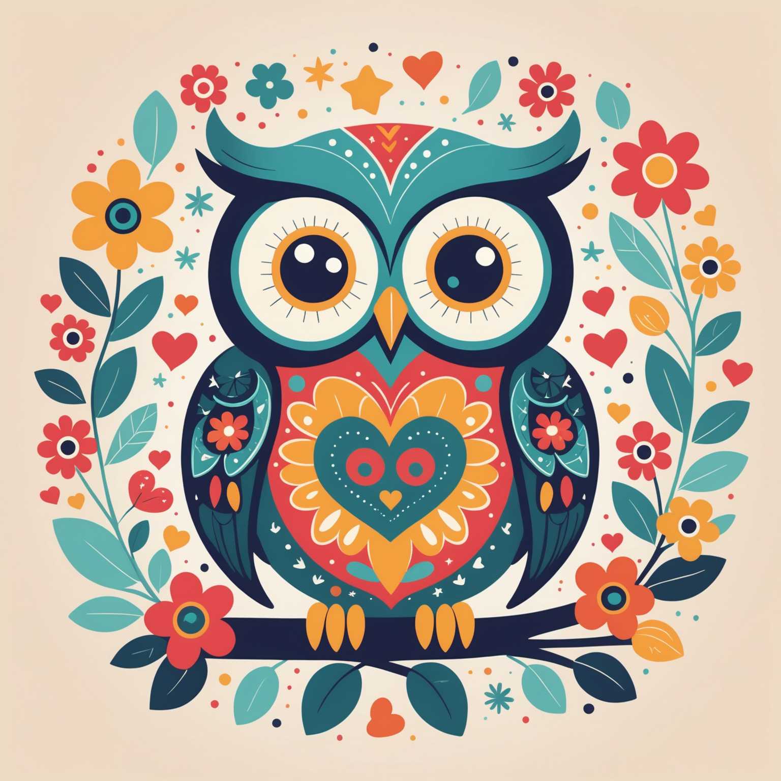 Eine farbenfrohe Illustration mit einer niedlichen, verspielten Eule mit übergroßen Augen, die mit einer charmanten, verspielten Ästhetik gestaltet ist. Die Eule ist von Elementen wie Herzen, Sternen und Blumen umgeben, was zum fröhlichen und lebendigen Gefühl des Designs beiträgt. Der Stil erinnert an Logo-Kunst, mit klaren Linien und einfachen, abgerundeten Formen.