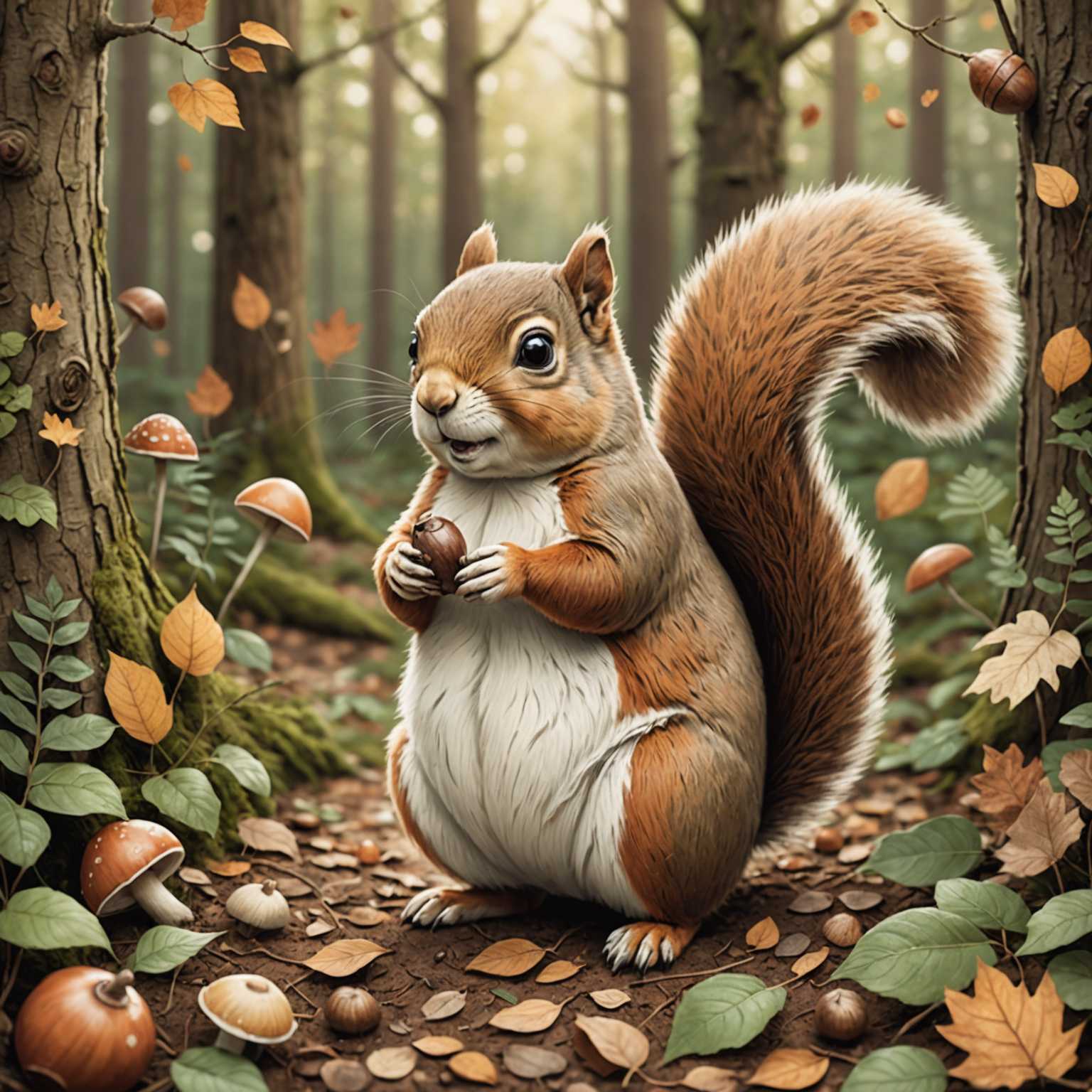 Das Bild zeigt ein dickes, niedliches Eichhörnchen, das eine Eichel in einem fantasievollen Wald hält. Das Eichhörnchen hat große, ausdrucksstarke Augen und einen freundlichen Gesichtsausdruck. Weiche, erdige Farbtöne dominieren die Palette und schaffen eine niedliche und charmante Atmosphäre mit hohen Bäumen, verstreuten Blättern und Pilzen am Boden.