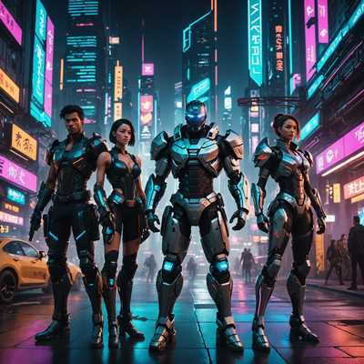Cyberpunk-Krieger in leuchtender Metropole