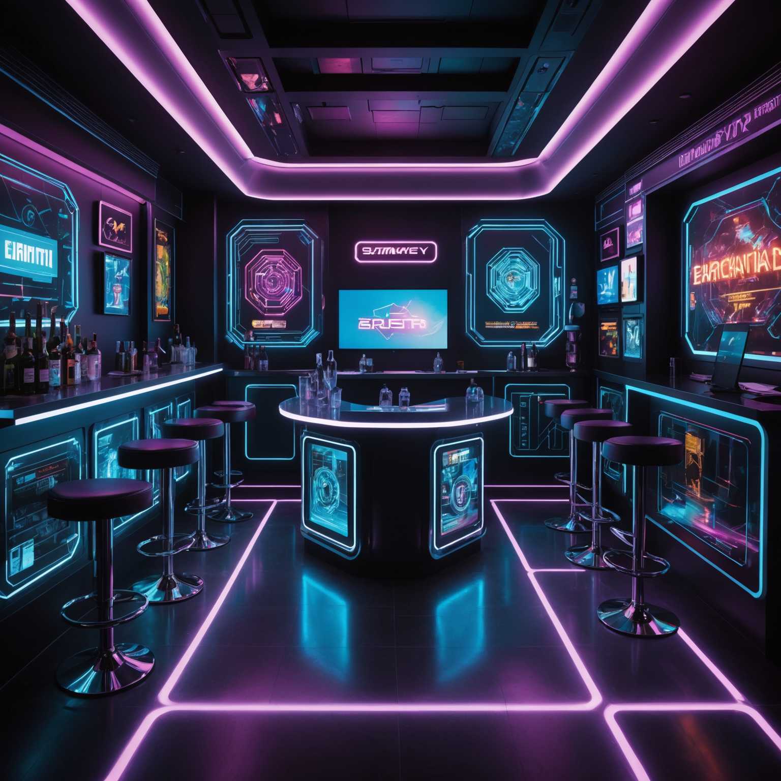 Ein schwach beleuchteter Raum mit Neonlichtern, die verschiedene Bereiche beleuchten und eine High-Tech, futuristische Atmosphäre schaffen. Die Wände sind mit holografischen Anzeigen und digitalen Bildschirmen geschmückt, die lebendige Grafiken anzeigen. Elegante, metallische Möbel mit scharfen Kanten und leuchtenden Akzenten füllen den Raum. Der Boden besteht aus einer Mischung aus poliertem Metall und transparenten Paneelen, die darunterliegende, komplizierte Schaltkreise enthüllen. In einer Ecke ist eine Bar ausgestattet mit Roboter-Barkeepern, die Getränke in Glasbehältern mit bunten, leuchtenden Flüssigkeiten servieren. Die Decke ist mit freiliegenden Rohren und Kabeln ausgestattet, die mit LED-Streifen verbunden sind und die Cyberpunk-Ästhetik verstärken. Insgesamt kombiniert das Interieur Elemente des Industriedesigns mit fortschrittlicher Technologie und vermittelt das Gefühl, sich in einer futuristischen urbanen Umgebung zu befinden.