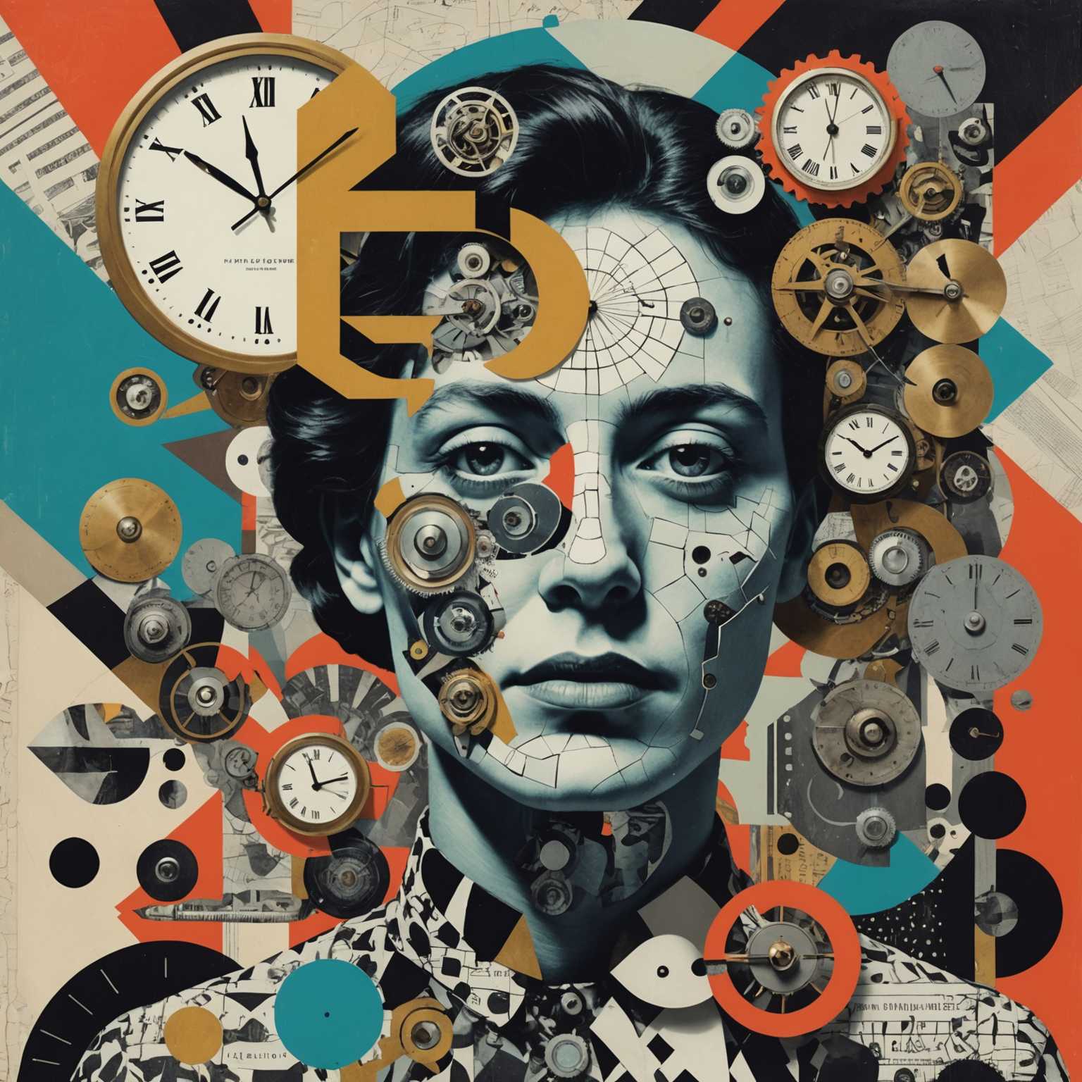 Eine surreale Collage mit einem disjunkten Gesicht, fragmentierten Körperteilen und abstrakten Formen. Die Komposition umfasst ein Vintage-Fotograf eines Menschen mit übertriebenen, verzerrten Merkmalen, kombiniert mit skurrilen Elementen wie einer schwebenden Uhr, einem zufälligen mechanischen Objekt und unsinnigen Textelementen. Der Hintergrund mischt kräftige, kontrastierende Farben mit einem chaotischen Arrangement geometrischer Muster und schafft ein desorientierendes und dynamisches visuelles Erlebnis. Die Gesamtatmosphäre ist unkonventionell, verspielt und zum Nachdenken anregend, was den Dadaistischen Kunststil widerspiegelt.