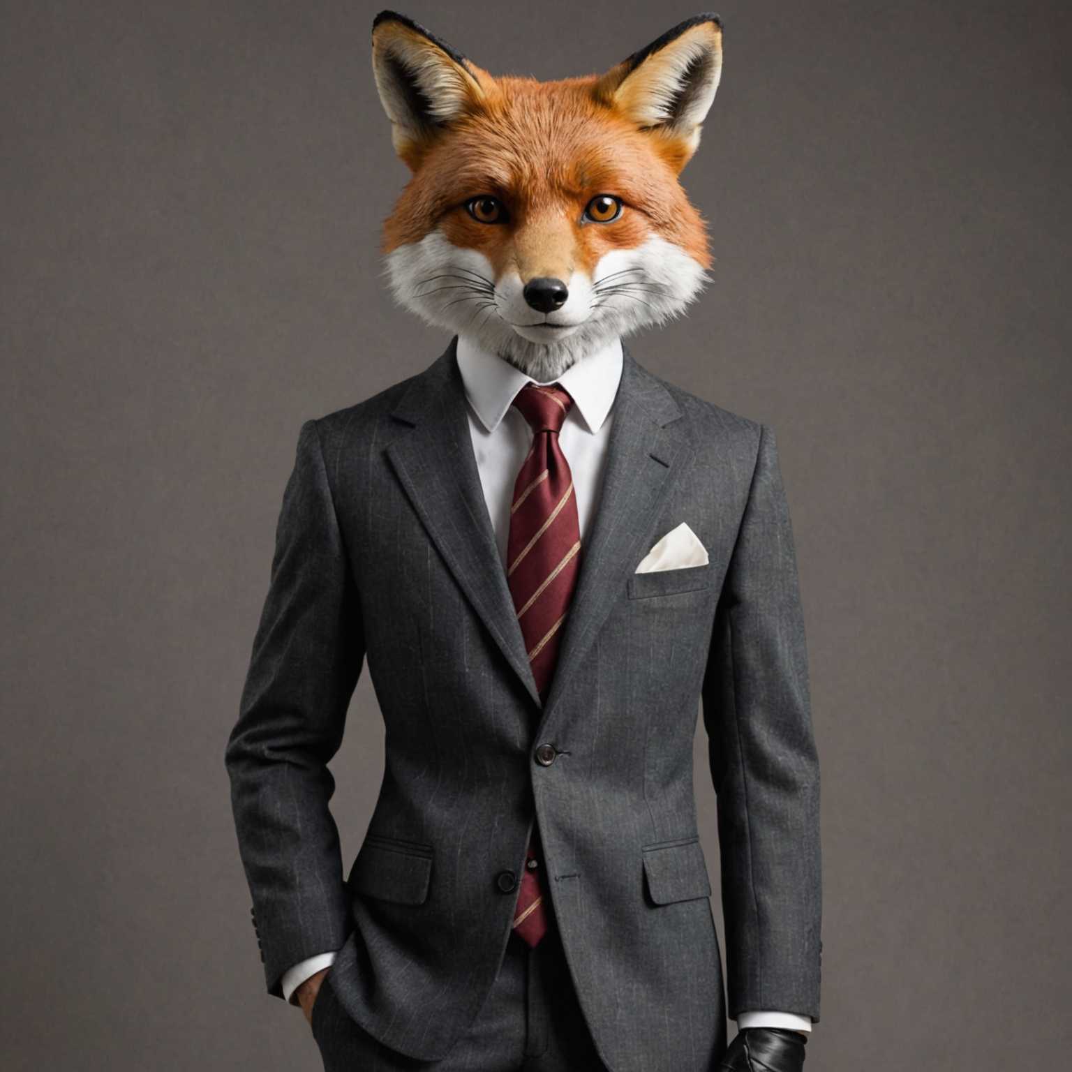 Ein kultivierter, anthropomorpher Fuchs steht aufrecht und ist in einen scharfen, maßgeschneiderten Anzug gekleidet. Der Anzug ist klassisch anthrazitgrau mit dezenten Nadelstreifen, kombiniert mit einem weißen, knitterfreien Hemd und einer tief burgunderroten Seidenkrawatte. Das Fell des Fuchses ist eine lebendige Mischung aus rötlich-orange und weiß und ist sorgfältig gepflegt. Er trägt eine runde, vintage-inspirierte Brille auf seiner Schnauze, was ihm ein intellektuelles Erscheinungsbild verleiht. Der Hintergrund hat einen weichen, Bokeh-Effekt mit gedämpften, eleganten Farben, der den Fokus auf den eleganten Fuchs legt und sein raffiniertes und distinguiertes Auftreten hervorhebt. Die Beleuchtung betont die Texturen sowohl des Fells als auch des Stoffs und verleiht der 3D-Render eine realistische Tiefe.