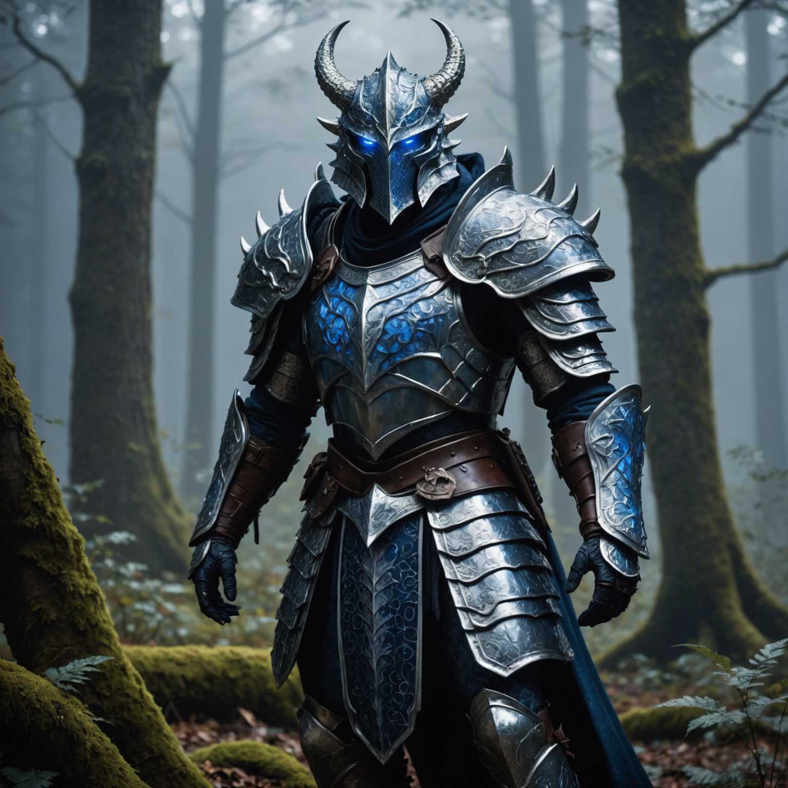 Ein königlicher, gerüsteter Dragonborn-Krieger steht stolz in einer nebligen Waldkulisse, gebadet im sanften Mondlicht. Die Figur hat glatte, schimmernde, silberne Schuppen mit einem Hauch von irisierendem Blau. Ihre durchdringenden, saphirblauen Augen vermitteln Weisheit und Entschlossenheit. Der Krieger trägt kunstvoll gestaltete Rüstungen mit alten Runen, die in die Metalloberfläche eingraviert sind und ein schwaches, magisches Leuchten abgeben. Er hält ein wunderschön gefertigtes, kunstvolles Schwert mit einem Edelstein im Griff, der das Mondlicht reflektiert. Seine Haltung ist kraftvoll und gebieterisch und strahlt ein Gefühl von Bereitschaft und Tapferkeit aus. Im Hintergrund ragen uralte Bäume mit verdrehten Ästen auf, und in der Ferne ist der schwache Umriss einer majestätischen, alten Burgruine zu sehen, die teilweise im Nebel verhüllt ist. Die Atmosphäre ist mystisch, mit Glühwürmchen, die Licht verstreuen, und einem sanften Wind, der die Blätter rascheln lässt.