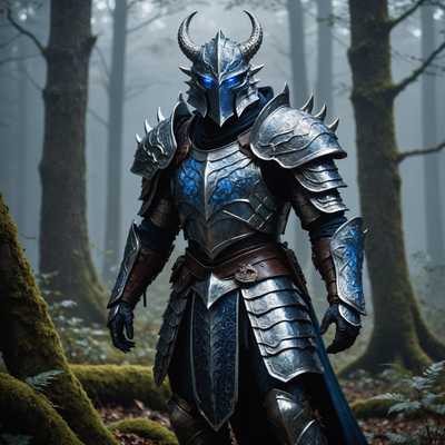 Ein königlicher, gerüsteter Dragonborn-Krieger steht stolz in einer nebligen Waldkulisse, gebadet im sanften Mondlicht. Die Figur hat glatte, schimmernde, silberne Schuppen mit einem Hauch von irisierendem Blau. Ihre durchdringenden, saphirblauen Augen vermitteln Weisheit und Entschlossenheit. Der Krieger trägt kunstvoll gestaltete Rüstungen mit alten Runen, die in die Metalloberfläche eingraviert sind und ein schwaches, magisches Leuchten abgeben. Er hält ein wunderschön gefertigtes, kunstvolles Schwert mit einem Edelstein im Griff, der das Mondlicht reflektiert. Seine Haltung ist kraftvoll und gebieterisch und strahlt ein Gefühl von Bereitschaft und Tapferkeit aus. Im Hintergrund ragen uralte Bäume mit verdrehten Ästen auf, und in der Ferne ist der schwache Umriss einer majestätischen, alten Burgruine zu sehen, die teilweise im Nebel verhüllt ist. Die Atmosphäre ist mystisch, mit Glühwürmchen, die Licht verstreuen, und einem sanften Wind, der die Blätter rascheln lässt.