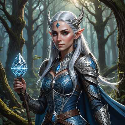 Die Abbildung zeigt eine detaillierte Illustration einer NPC-Figur für eine Dungeons & Dragons-Kampagne. Die Figur ist als weibliche Elfe dargestellt, mit langen, fließenden silbernen Haaren und spitzen Ohren, gekleidet in eine aufwendige Rüstung im mittelalterlichen Stil, die mit komplizierten Mustern und Symbolen verziert ist. Sie hält einen Stab mit einem leuchtenden Kristall an der Spitze, und ihre Augen haben einen durchdringenden blauen Farbton. Der Hintergrund ist ein mystischer Wald mit hohen, uralten Bäumen und einer sanft leuchtenden Atmosphäre, die der Szene ein ätherisches Gefühl verleiht. Der Ausdruck der Figur ist streng, aber mitfühlend, was auf Weisheit und Stärke hinweist.