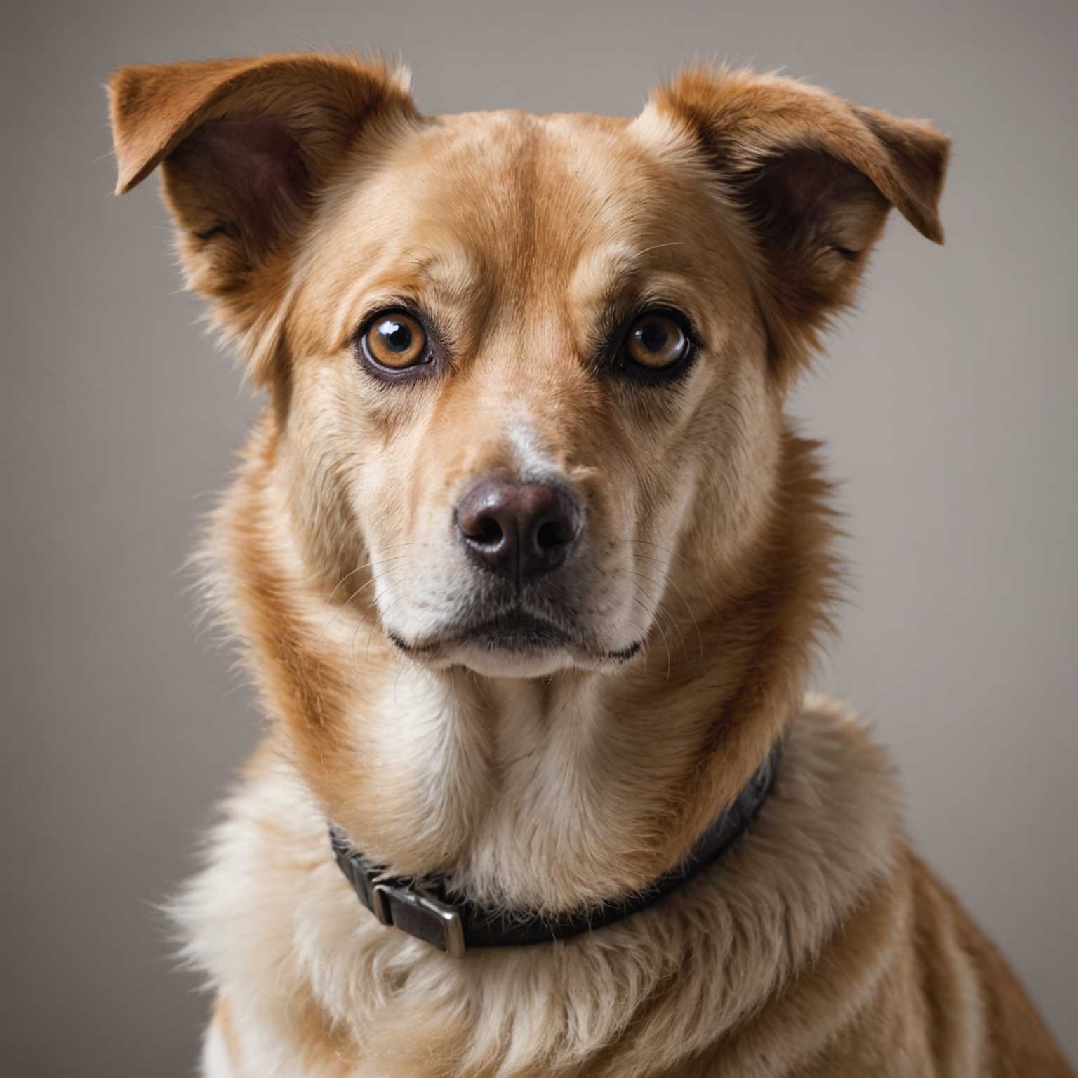 Ein Nahaufnahme-Porträt eines Hundes mit ausdrucksstarken Augen und leicht geneigtem Kopf. Der Hund hat ein weiches, glänzendes Fell, das gut gepflegt und gesund aussieht. Der Hintergrund ist eine neutrale Farbe, die es dem Hund ermöglicht, als Hauptaugenmerk des Bildes hervorzutreten. Die Atmosphäre ist hell, mit guter Beleuchtung, die die Merkmale des Hundes beleuchtet, das Fell texturiert und die Tiefe in den Augen hervorhebt. Die Gesamtstimmung des Fotos ist warm und einladend und fängt die charmante Persönlichkeit und das sanfte Wesen des Hundes ein.