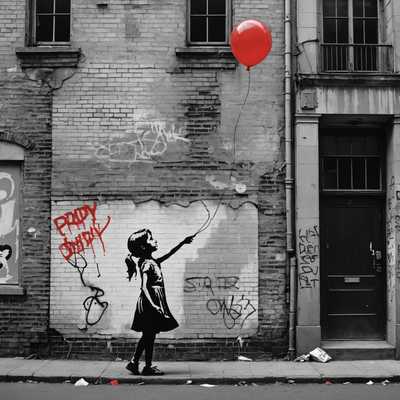 Das Bild zeigt eine düstere städtische Szene mit einem hohen, verwitterten Backsteingebäude im Mittelpunkt. Die Fassade des Gebäudes ist mit einem großen, provokativen Graffitikunstwerk im ikonischen Banksy-Stil geschmückt. Das Kunstwerk scheint eine schwarz-weiße Schablone zu sein, die eine sozial kritische Szene darstellt, möglicherweise ein kleines Mädchen, das nach einem roten Ballon greift, der davonfliegt und verlorene Unschuld oder Hoffnung symbolisiert. Die Umgebung zeigt die Auswirkungen des urbanen Verfalls mit rissigen Wänden, verblassten Schildern und Graffiti-Tags. Der Himmel darüber ist bewölkt und wirft eine düstere Stimmung über die Szene. Verstreuter Müll und eine leere Straße unterstreichen die Verlassenheit des Gebiets. Das Gesamterscheinungsbild ist roh und eindringlich und fängt die Essenz der Straßenkunst als Form des sozialen Kommentars ein.