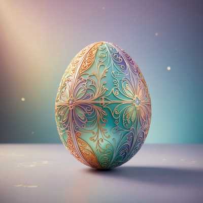 Ein exquisit detailliertes, buntes Osterei schwebt in einem traumhaften, ätherischen Raum. Das Ei verfügt über komplizierte Muster und Designs, die von geometrischen Formen bis hin zu Blumendetails reichen und in einer glänzenden, reflektierenden Textur ausgearbeitet sind. Die Beleuchtung ist weich und diffundiert, was der Szene einen überirdischen Schimmer verleiht. Der Hintergrund ist ein Farbverlauf aus sanften Pastellfarben, der die wunderliche und magische Atmosphäre verstärkt. Das Ei hat einen metallischen Schimmer, der das Licht in zarten Funken einfängt, während andere Teile eine matte Oberfläche haben, die seine aufwendigen Verzierungen hervorhebt. Die gesamte Szene vermittelt ein Gefühl von Wunder und Verzauberung, perfekt, um den Feiertag in einem fantastischen, 3D-Visual-Stil zu feiern.