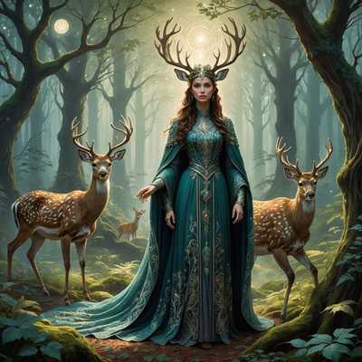 Eine skurrile Illustration mit einer ruhigen Waldkulisse. Ätherische Wesen, sowohl menschliche als auch tierische, koexistieren harmonisch. Ein weiser, sanfter Hirsch, verziert mit komplizierten Mustern, steht neben einer eleganten Figur einer Frau mit fließenden Gewändern und leuchtenden Augen. Umhüllt wird alles von einem weichen, nebligen Glühen mit schwebenden Lichtkugeln. Baumkronen mit verdrehten Ästen und üppigem Laub bilden ein Überdach, das Schatten auf den Waldboden wirft. Die Farbpalette ist eine Mischung aus tiefen Grüntönen, sanften Blautönen und zarten Goldtönen, die eine bezaubernde und mystische Atmosphäre schaffen.