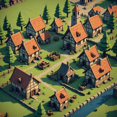 Das Bild zeigt eine low-poly, retro 3D-Umgebung, typisch für frühe PlayStation 2 Spiele. Die Szene zeigt ein kleines mittelalterliches Dorf mit mehreren einfachen, blockigen Gebäuden aus Stein und Holz. Die Texturen sind einfach mit sichtbarer Pixelierung, was eine nostalgische, frühe 2000er-Spiel-Atmosphäre vermittelt. Dorfbewohner in einfachen Polygonen mit begrenzten Animationen sind überall verstreut. Die gesamte Farbpalette besteht aus erdigen Tönen, mit gedämpften Braun- und Grüntönen, die die Landschaft dominieren. Der Himmel ist ein flaches Blau ohne komplexes Schattieren oder Wolken. Verschiedene Elemente wie Fässer, Kisten und Bäume sind in der Szene verteilt, was zur immersiven, wenn auch rudimentären Atmosphäre beiträgt.