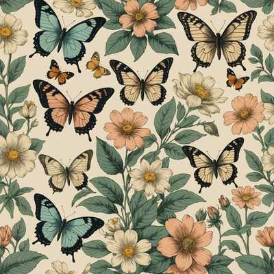Eine botanische Illustration von Blumen und Schmetterlingen mit einer verblassten Pastellfarbpalette. Die Illustration hat eine gealterte Textur und kunstvolle Ränder.
