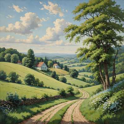 Ein ruhiges Landschaftsbild auf dem Land, gemalt mit weichen, vintage Ölfarben. Die Szene zeigt sanfte, grüne Hügel unter einem ruhigen, teilweise bewölkten Himmel mit Blau- und Weißtönen. Hohe, üppige Bäume mit detailliertem Laub sind über das Land verstreut und werfen sanfte Schatten. Ein gewundener Feldweg schlängelt sich durch die Hügel und führt den Blick zum Horizont. In der Ferne liegt ein gemütliches Bauernhaus mit einem rustikalen, verwitterten roten Dach zwischen den Bäumen und strahlt Ruhe und Einfachheit aus. Die gesamte Komposition ist in warmes, goldenes Licht getaucht, was ein Gefühl von Nostalgie und Ruhe hervorruft.