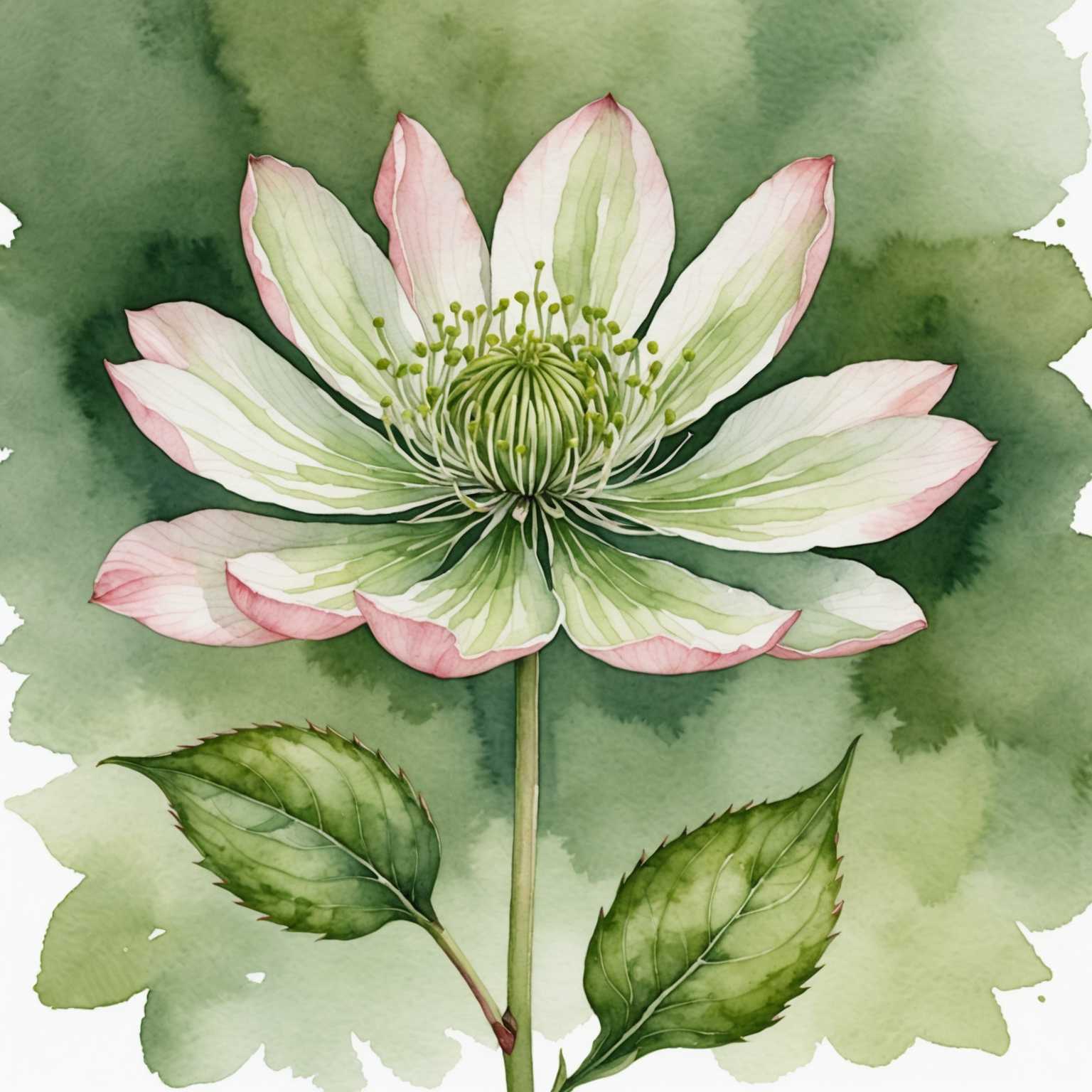 Das Bild zeigt einen zarten und detaillierten Aquarell-Botanikdruck einer einzelnen Blume, der die weichen und natürlichen Farbtöne von Grün, Rosa und anderen Erdtönen hervorhebt. Der Hintergrund ist weiß oder hell, wodurch die filigranen Details der Blume hervorgehoben werden. Die Komposition ist sauber, minimalistisch, ruhig und harmonisch und betont die organische Schönheit der Blüte.