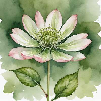 Das Bild zeigt einen zarten und detaillierten Aquarell-Botanikdruck einer einzelnen Blume, der die weichen und natürlichen Farbtöne von Grün, Rosa und anderen Erdtönen hervorhebt. Der Hintergrund ist weiß oder hell, wodurch die filigranen Details der Blume hervorgehoben werden. Die Komposition ist sauber, minimalistisch, ruhig und harmonisch und betont die organische Schönheit der Blüte.