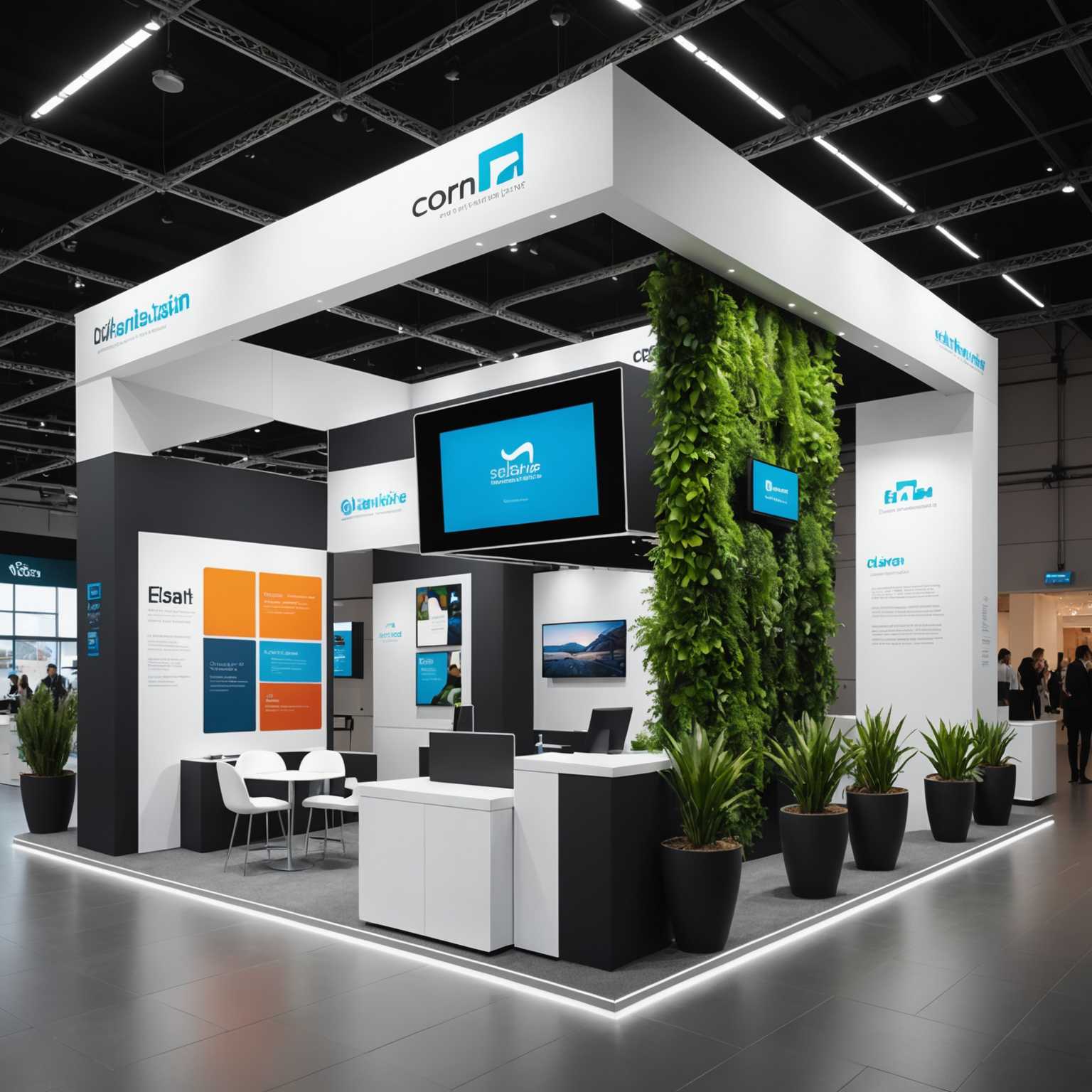 Ein moderner Messestand im zeitgenössischen Design mit klaren Linien und offenen Räumen. Der Stand umfasst einen zentralen Empfangstresen, große Werbebanner und LED-Beleuchtung. Die Wände schmücken hochauflösende Grafiken und Firmenlogos. Es gibt mehrere Sitzbereiche mit bequemen Stühlen und niedrigen Tischen für Gespräche. Das Farbschema ist überwiegend weiß mit Akzenten in Blau und Silber. Interaktive Bildschirme und Produktdisplays sind strategisch platziert, um Besucher anzulocken. Der Boden besteht aus poliertem, hellen Holz, und es gibt Topfpflanzen, die einen Hauch von Grün hinzufügen und die einladende Atmosphäre des Standes verbessern.