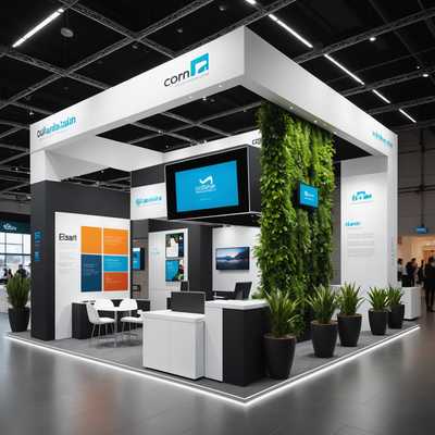 Ein moderner Messestand im zeitgenössischen Design mit klaren Linien und offenen Räumen. Der Stand umfasst einen zentralen Empfangstresen, große Werbebanner und LED-Beleuchtung. Die Wände schmücken hochauflösende Grafiken und Firmenlogos. Es gibt mehrere Sitzbereiche mit bequemen Stühlen und niedrigen Tischen für Gespräche. Das Farbschema ist überwiegend weiß mit Akzenten in Blau und Silber. Interaktive Bildschirme und Produktdisplays sind strategisch platziert, um Besucher anzulocken. Der Boden besteht aus poliertem, hellen Holz, und es gibt Topfpflanzen, die einen Hauch von Grün hinzufügen und die einladende Atmosphäre des Standes verbessern.