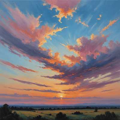 Der Himmel zeigt ein brillantes Farbverlauf von Pastelltönen, die vom weichen Rosa und Orange nahe dem Horizont bis zu tieferen Blautönen an der Spitze reichen. Das Bild ist in Ölfarben gehalten und zeigt dicke, ausdrucksstarke Pinselstriche.