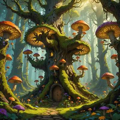 Ein verzauberter Wald mit schelmischen Kobolden. Uralte Bäume bilden ein Blätterdach, durch das goldenes Sonnenlicht filtriert. Der Boden ist mit Moos bedeckt und mit leuchtenden Pilzen und bunten Blumen übersät, wo die schelmischen Kobolde leben.