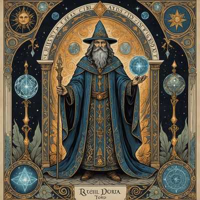 Eine äußerst detaillierte, handgezeichnete Illustration, die wie eine von der Fantasie inspirierte Tarot-Karte der Großen Arkana aussieht. Die Figur ist eine mystische Gestalt, möglicherweise ein Zauberer oder Magier, gekleidet in aufwendige, fließende Roben, die mit komplizierten Mustern verziert sind. In einer Hand hält er einen mit einem leuchtenden Kristall gekrönten Stab und in der anderen ein altes Buch. Um die zentrale Figur herum befinden sich verschiedene arkane Symbole und ätherische Kreaturen wie Drachen, Feen oder mythische Tiere, die in einer bezaubernden, magischen Aura wirbeln.