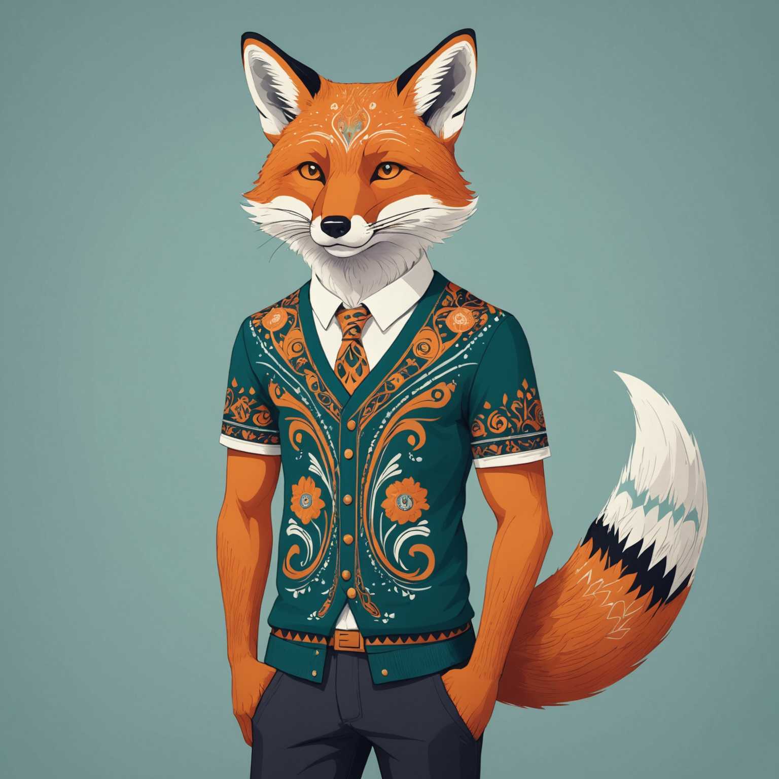 Ein eleganter, anthropomorpher Fuchs trägt ein stilvolles, gemustertes T-Shirt mit aufwendigen Designs. Der Fuchs strahlt Selbstbewusstsein aus, steht aufrecht auf zwei Beinen und hat ein gepflegtes Auftreten. Das T-Shirt zeigt lebendige Farben und künstlerische Motive, was den Fuchs sowohl modisch als auch elegant erscheinen lässt. Der Hintergrund ist eine einfache, helle Farbe, die den Fuchs und seine Kleidung hervorhebt und einen auffälligen visuellen Kontrast erzeugt.