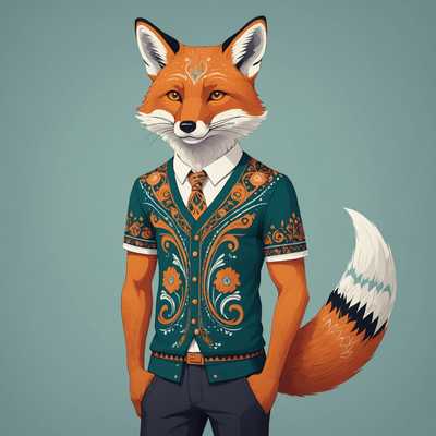 Anthropomorpher Fuchs mit grünem Pullover und Blumenmuster