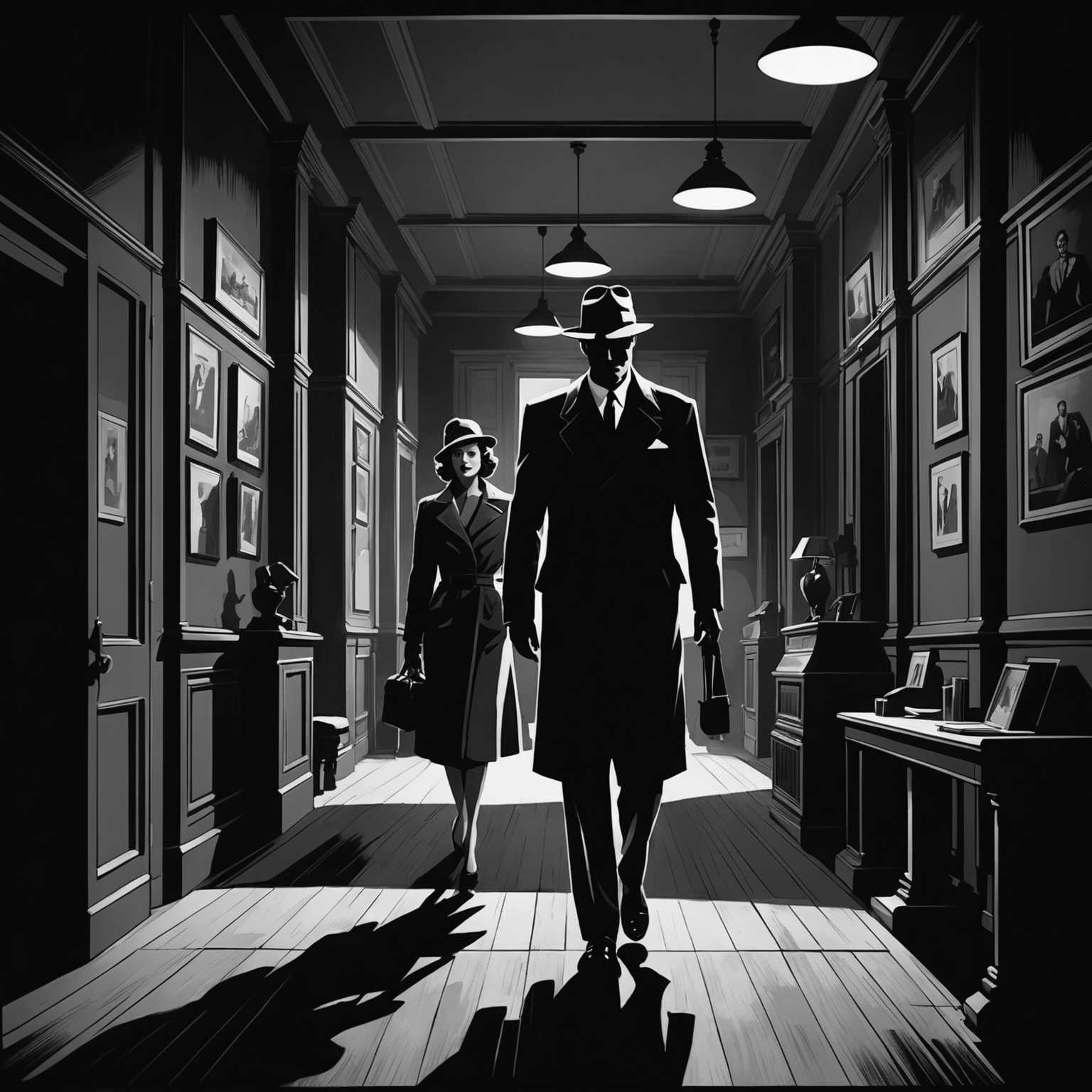 Eine Szene, die in Schwarz, Weiß und verschiedenen Grautönen illustriert ist, mit scharfen Kontrasten und dramatischen Schatten, die das Wesen des klassischen Film-noir-Stils einfängt.