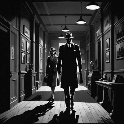 Eine Szene, die in Schwarz, Weiß und verschiedenen Grautönen illustriert ist, mit scharfen Kontrasten und dramatischen Schatten, die das Wesen des klassischen Film-noir-Stils einfängt.