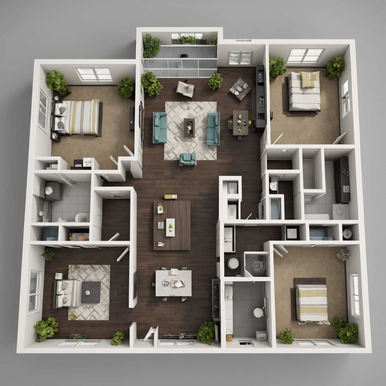 Das Bild zeigt einen detaillierten 3D-Grundriss einer modernen Wohnung. Es verfügt über einen offenen Wohnbereich, einschließlich eines geräumigen Wohnzimmers mit einer großen Ecksofa und einem Couchtisch. Angrenzend an das Wohnzimmer befindet sich ein Essbereich mit einem rechteckigen Esstisch und vier Stühlen. Die Küche ist mit modernen Geräten ausgestattet, darunter ein Kühlschrank, ein Herd und eine elegante Insel mit Barhockern. Das Schlafzimmer hat ein Queensize-Bett, Nachttische und einen Kleiderschrank. Das Badezimmer umfasst eine Badewanne, ein Waschbecken und eine Toilette. Die Wohnung verfügt außerdem über große Fenster, die viel natürliches Licht bieten, moderne Dekoration und Holzböden im gesamten Bereich.