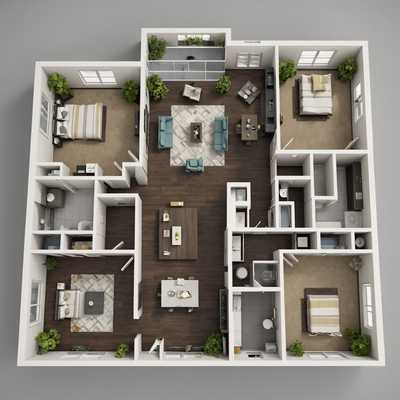 Das Bild zeigt einen detaillierten 3D-Grundriss einer modernen Wohnung. Es verfügt über einen offenen Wohnbereich, einschließlich eines geräumigen Wohnzimmers mit einer großen Ecksofa und einem Couchtisch. Angrenzend an das Wohnzimmer befindet sich ein Essbereich mit einem rechteckigen Esstisch und vier Stühlen. Die Küche ist mit modernen Geräten ausgestattet, darunter ein Kühlschrank, ein Herd und eine elegante Insel mit Barhockern. Das Schlafzimmer hat ein Queensize-Bett, Nachttische und einen Kleiderschrank. Das Badezimmer umfasst eine Badewanne, ein Waschbecken und eine Toilette. Die Wohnung verfügt außerdem über große Fenster, die viel natürliches Licht bieten, moderne Dekoration und Holzböden im gesamten Bereich.