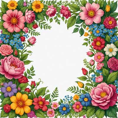 Eine wunderschön detaillierte Illustration eines Blumenrandes. Der Rand ist mit einer Vielzahl von lebhaften Blumen und üppigem Grün gefüllt, alle kunstvoll gestaltet. Verschiedene Arten von Blumen, Blättern und Ranken bilden einen eleganten, natürlichen Rahmen um die Ränder. Die Farben sind reich und vielfältig, darunter Schattierungen von Rosa, Rot, Gelb, Grün und Blau, was der Illustration eine lebendige und bezaubernde Atmosphäre verleiht. Der Hintergrund ist wahrscheinlich eine sanfte, neutrale Farbe, um die Lebendigkeit der Blumenelemente hervorzuheben. Insgesamt ist es ein harmonisches und atemberaubendes, naturthemenbezogenes Kunstwerk.