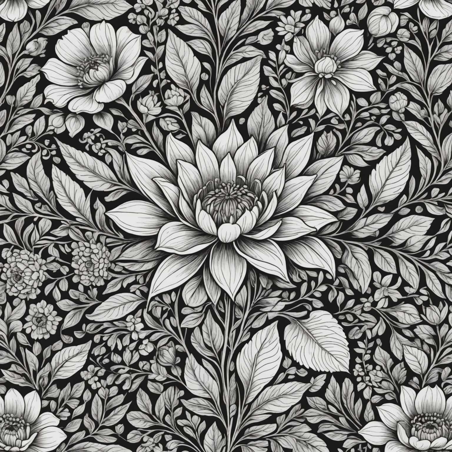Das Bild zeigt eine detaillierte Strichzeichnung einer floralen Szene. Dominiert wird die Komposition von einer großen, detaillierten Blüte mit mehreren Blütenblättern, die sich von einem zentralen Punkt ausstrahlen. Um die zentrale Blume herum befinden sich verschiedene andere florale Elemente, darunter kleinere Knospen, Blätter und Stängel. Die Blätter sind mit detaillierten Blattadern versehen, und das gesamte Arrangement ist symmetrisch und harmonisch, was die Schönheit und Komplexität der Natur zeigt. Der Hintergrund ist einfach, wodurch die detaillierten Vordergrundelemente hervortreten und den Betrachter einladen, die zarten Linien und natürlichen Formen zu schätzen.
