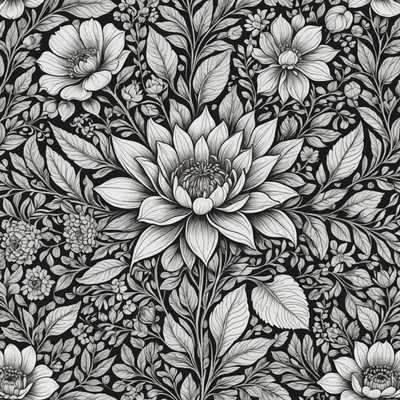 Das Bild zeigt eine detaillierte Strichzeichnung einer floralen Szene. Dominiert wird die Komposition von einer großen, detaillierten Blüte mit mehreren Blütenblättern, die sich von einem zentralen Punkt ausstrahlen. Um die zentrale Blume herum befinden sich verschiedene andere florale Elemente, darunter kleinere Knospen, Blätter und Stängel. Die Blätter sind mit detaillierten Blattadern versehen, und das gesamte Arrangement ist symmetrisch und harmonisch, was die Schönheit und Komplexität der Natur zeigt. Der Hintergrund ist einfach, wodurch die detaillierten Vordergrundelemente hervortreten und den Betrachter einladen, die zarten Linien und natürlichen Formen zu schätzen.