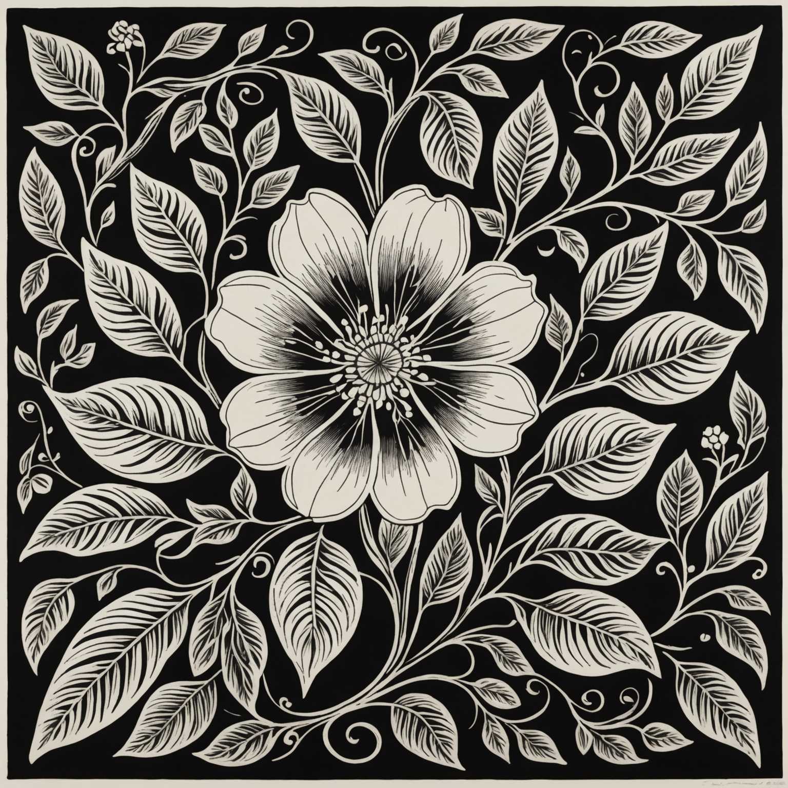 Die Abbildung zeigt eine Serie von Linolschnitten, die verschiedene Elemente der Natur und Tiere darstellen. Der zentrale Fokus liegt auf komplizierten Blumenmustern mit filigranen Blumen, Blättern und Ranken, die in einem harmonischen Design miteinander verflochten sind. Unter den Pflanzen sind nahtlos integrierte kleine Tiere wie Vögel, Schmetterlinge und Insekten zu finden. Die gesamte Komposition ist ausgewogen und visuell ansprechend und zeigt ein reiches Geflecht aus natürlichen Elementen, das in einer einfarbigen oder begrenzten Farbpalette, die für Linolschnittkunst typisch ist, gerendert ist.