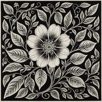 Die Abbildung zeigt eine Serie von Linolschnitten, die verschiedene Elemente der Natur und Tiere darstellen. Der zentrale Fokus liegt auf komplizierten Blumenmustern mit filigranen Blumen, Blättern und Ranken, die in einem harmonischen Design miteinander verflochten sind. Unter den Pflanzen sind nahtlos integrierte kleine Tiere wie Vögel, Schmetterlinge und Insekten zu finden. Die gesamte Komposition ist ausgewogen und visuell ansprechend und zeigt ein reiches Geflecht aus natürlichen Elementen, das in einer einfarbigen oder begrenzten Farbpalette, die für Linolschnittkunst typisch ist, gerendert ist.