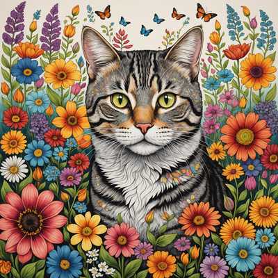 Eine wunderschön detaillierte Zeichnung einer Katze, umgeben von einer lebendigen Vielzahl bunter Blumen, wobei jedes Blütenblatt sorgfältig illustriert ist. Das Fell der Katze ist mit feinen Linien und Schattierungen dargestellt, was ihm eine lebensnahe Textur verleiht, während ihre Augen ausdrucksstark und fesselnd sind. Der Hintergrund ist mit verschiedenen Arten von Blumen und Blättern gefüllt, was der Szene Tiefe und ein natürliches, verspieltes Gefühl verleiht. Die gesamte Komposition verbindet Elemente der Natur- und Porträtkunst und schafft ein harmonisches und bezauberndes Werk.